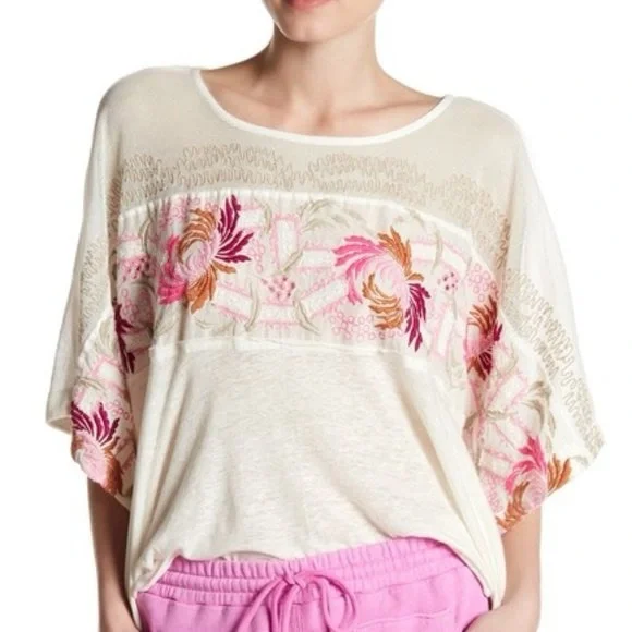 Free People Love Letter Tee Embroidered Sheer Swing top - Picture 3 of 7